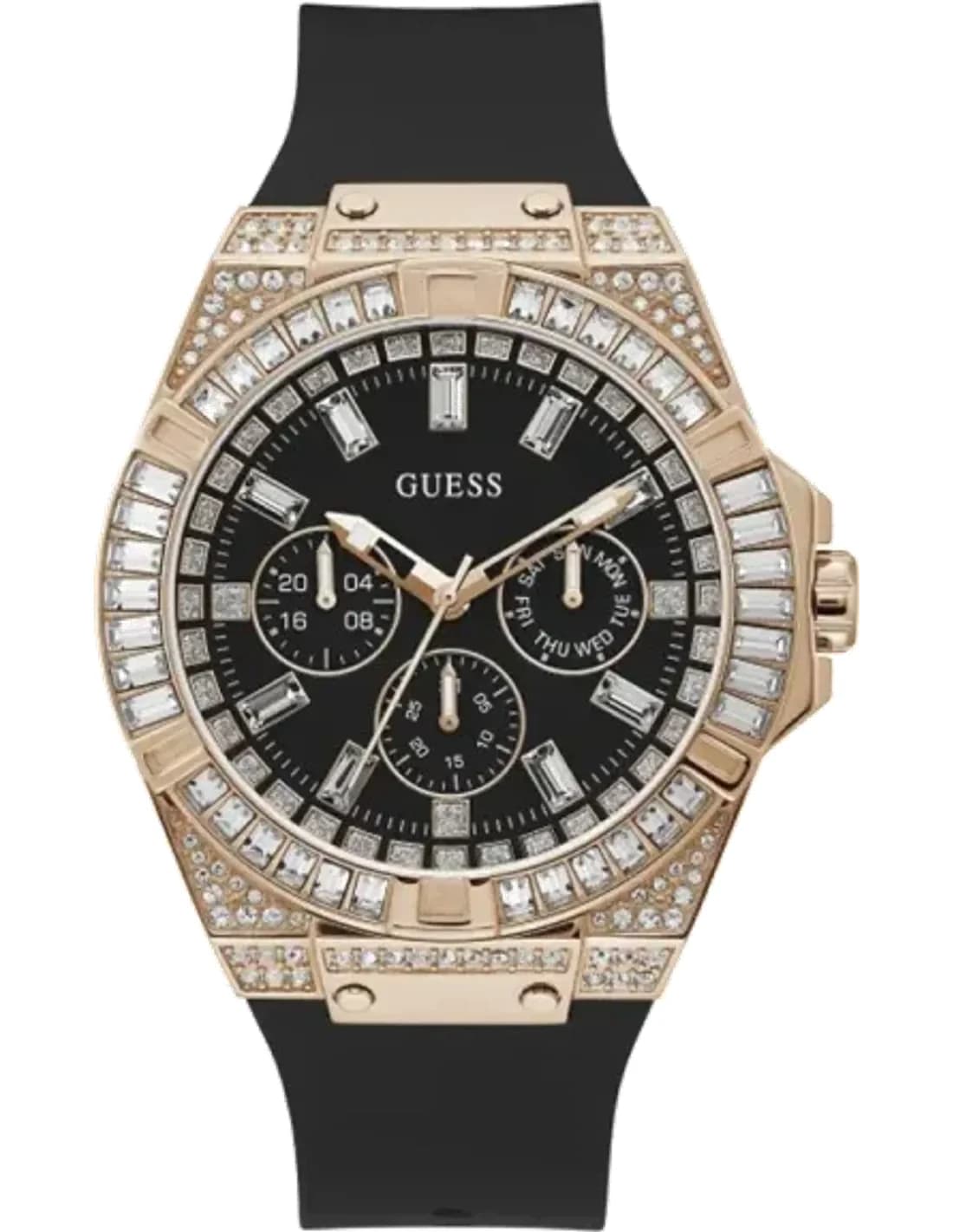 Guess GW0208G4 montre homme, cadran noir, boîtier or rose et bracelet silicone