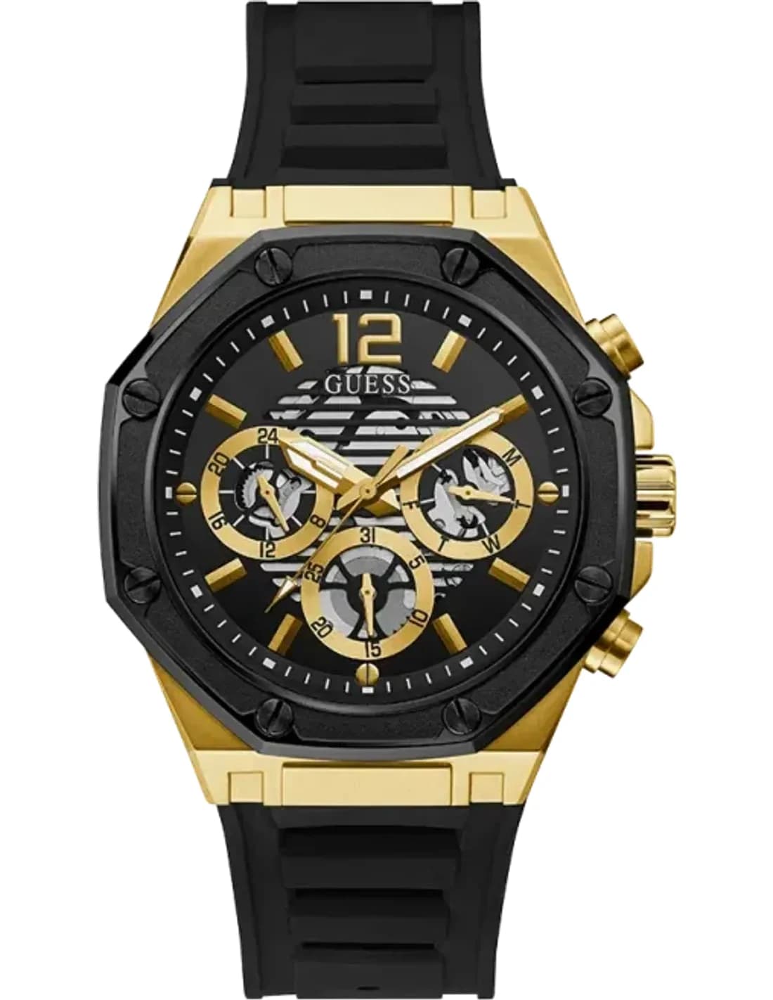 Guess GW0263G1 montre homme, cadran noir multifonction, bracelet silicone noir