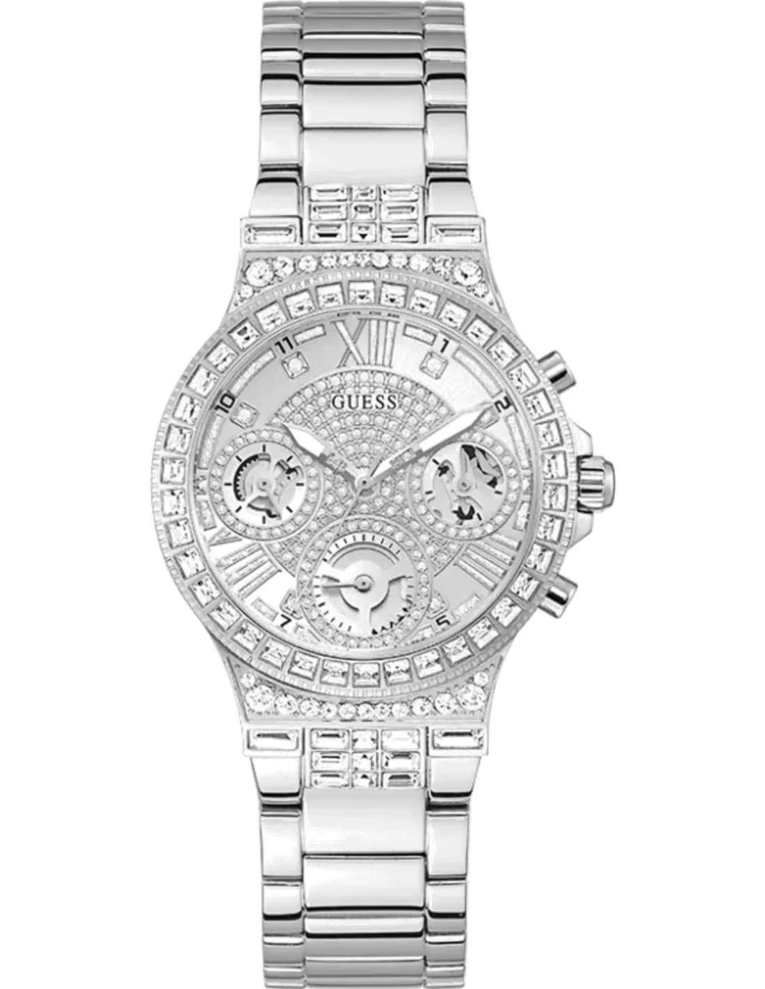 Guess Moonlight GW0320L1 women's watch, silver stainless steel bracelet, case adorned with rhinestones