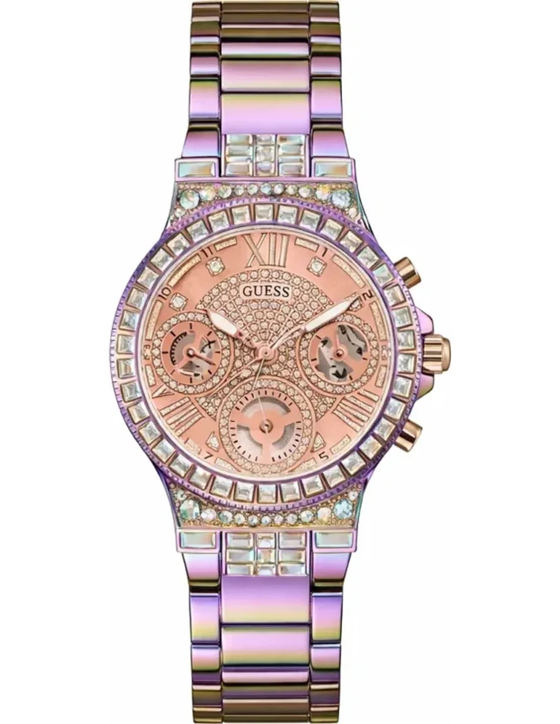 Guess Moonlight GW0320L4 women's watch, rainbow steel bracelet, case adorned with rhinestones