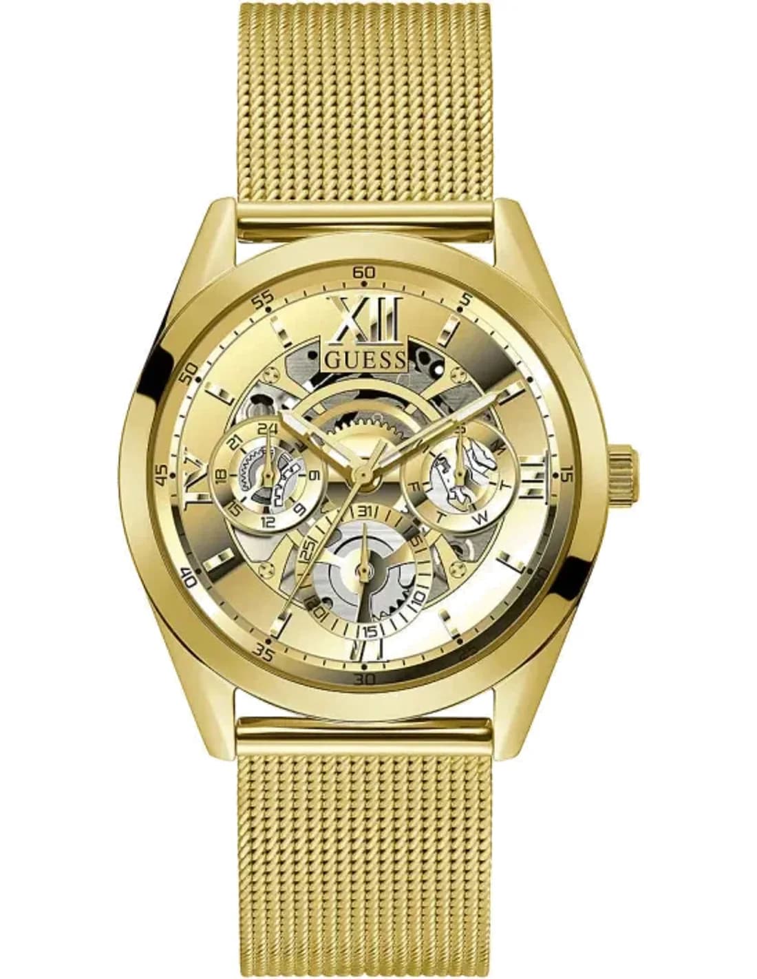 Guess Tailor GW0368G2, montre homme squelette, bracelet maille dorée, design transparent et raffiné
