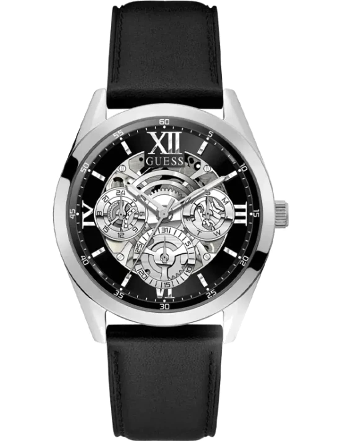 Guess GW0389G1 montre homme, cadran squelette noir, bracelet cuir noir