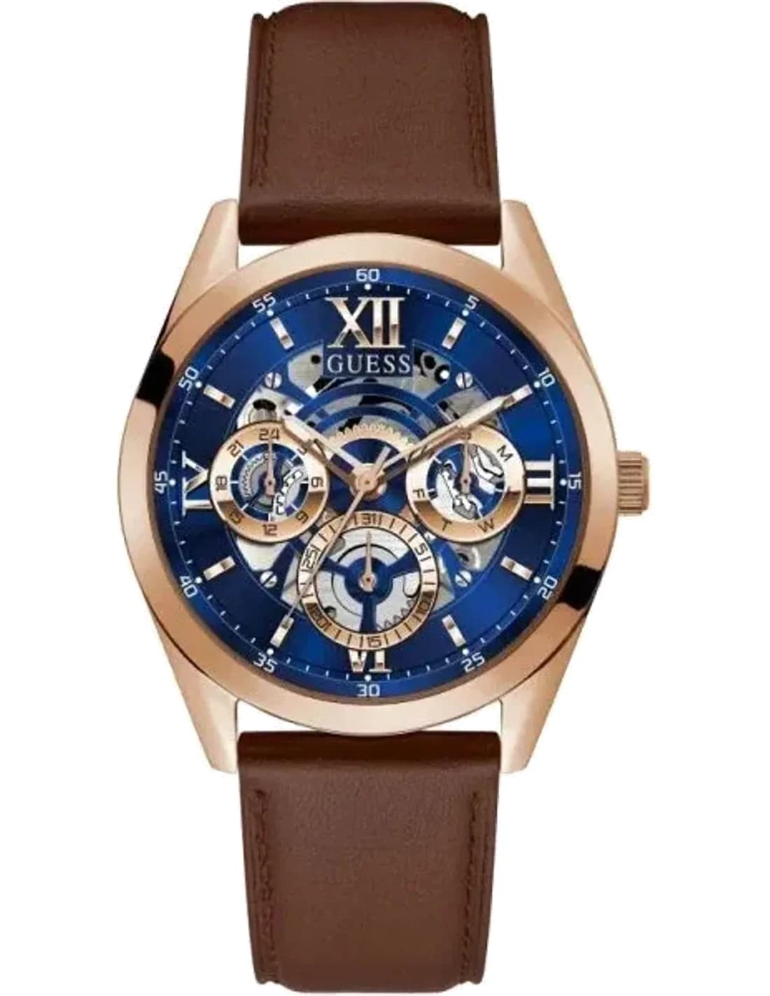 Guess GW0389G3 montre homme, cadran bleu nuit, bracelet cuir marron