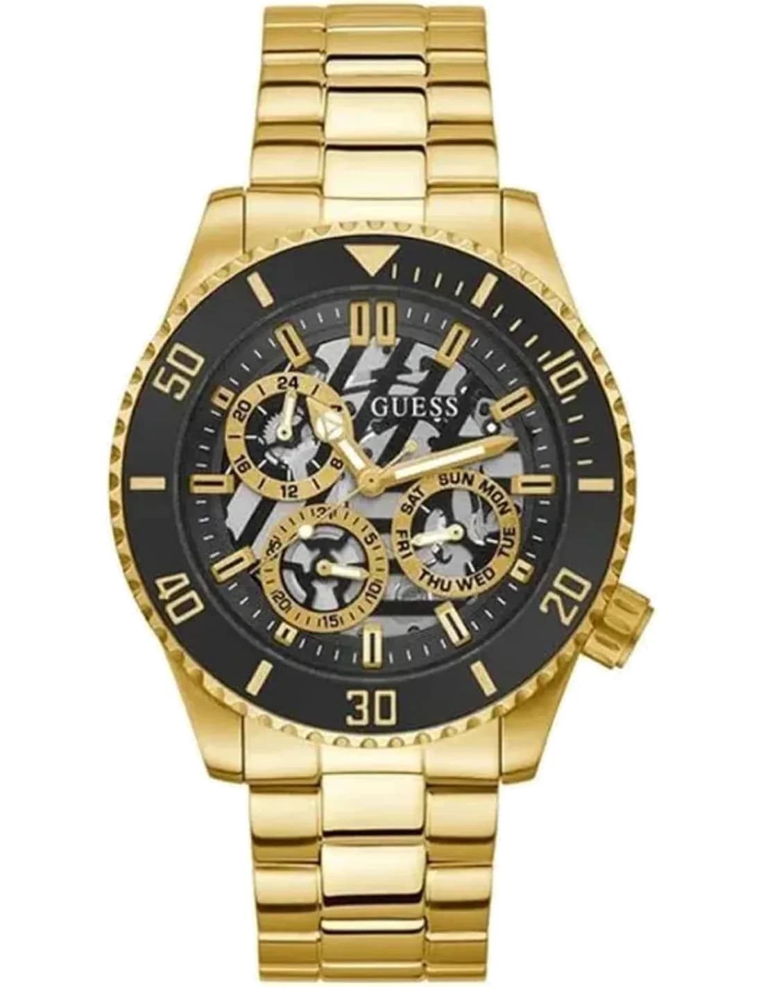 Guess GW0488G2 montre homme, cadran noir multifonction sur acier doré