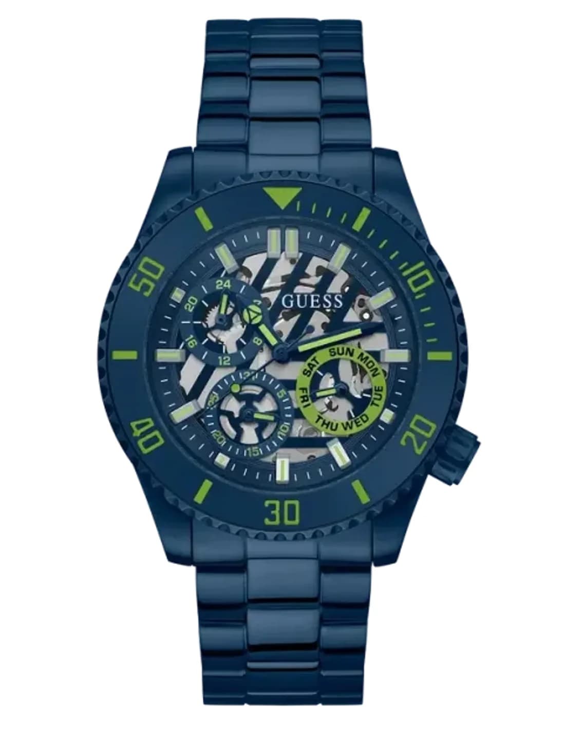 Guess GW0488G4 montre homme, bracelet acier bleu cadran squelette