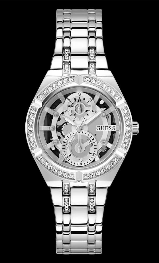 Guess GW0604L1 montre femme, cadran squelette argenté avec cristaux, bracelet acier