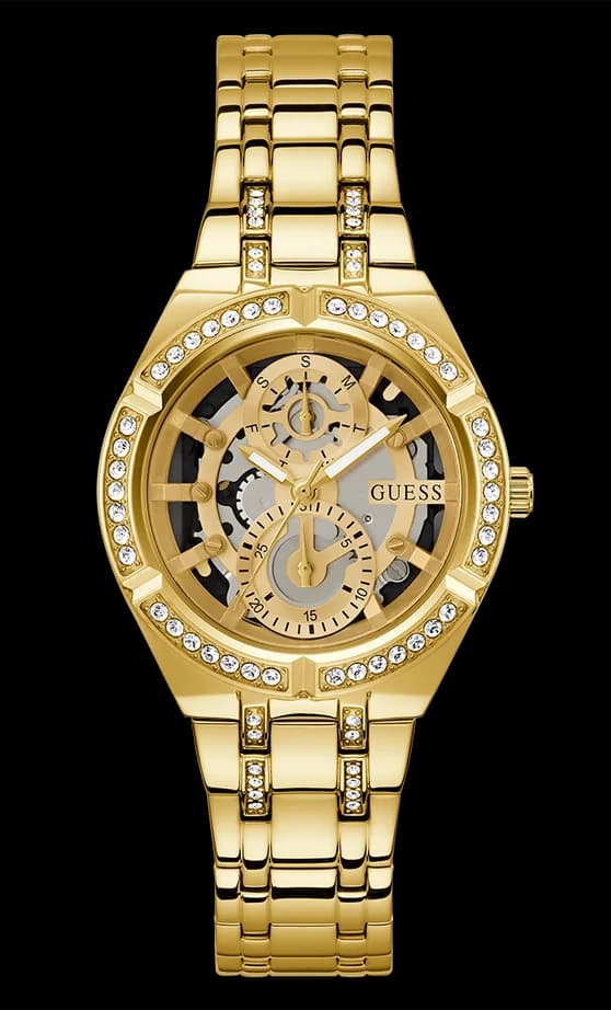 Guess GW0604L2 montre femme, cadran squelette doré avec cristaux, bracelet acier