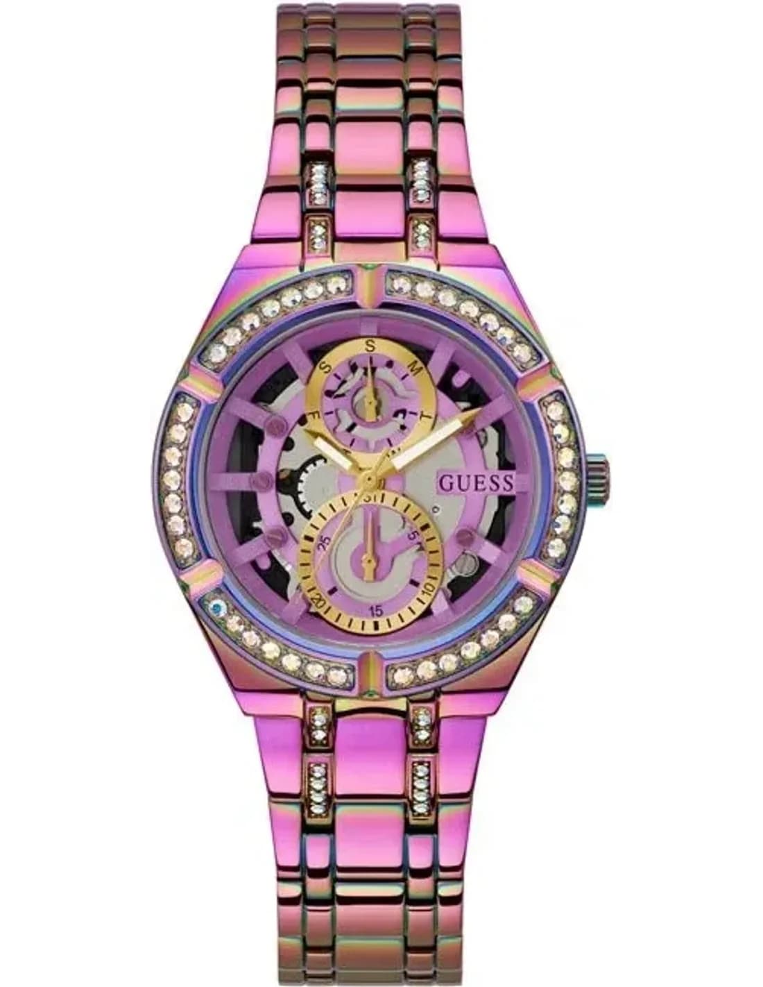 Guess GW0604L4 montre femme, cadran squelette arc-en-ciel avec cristaux, bracelet acier