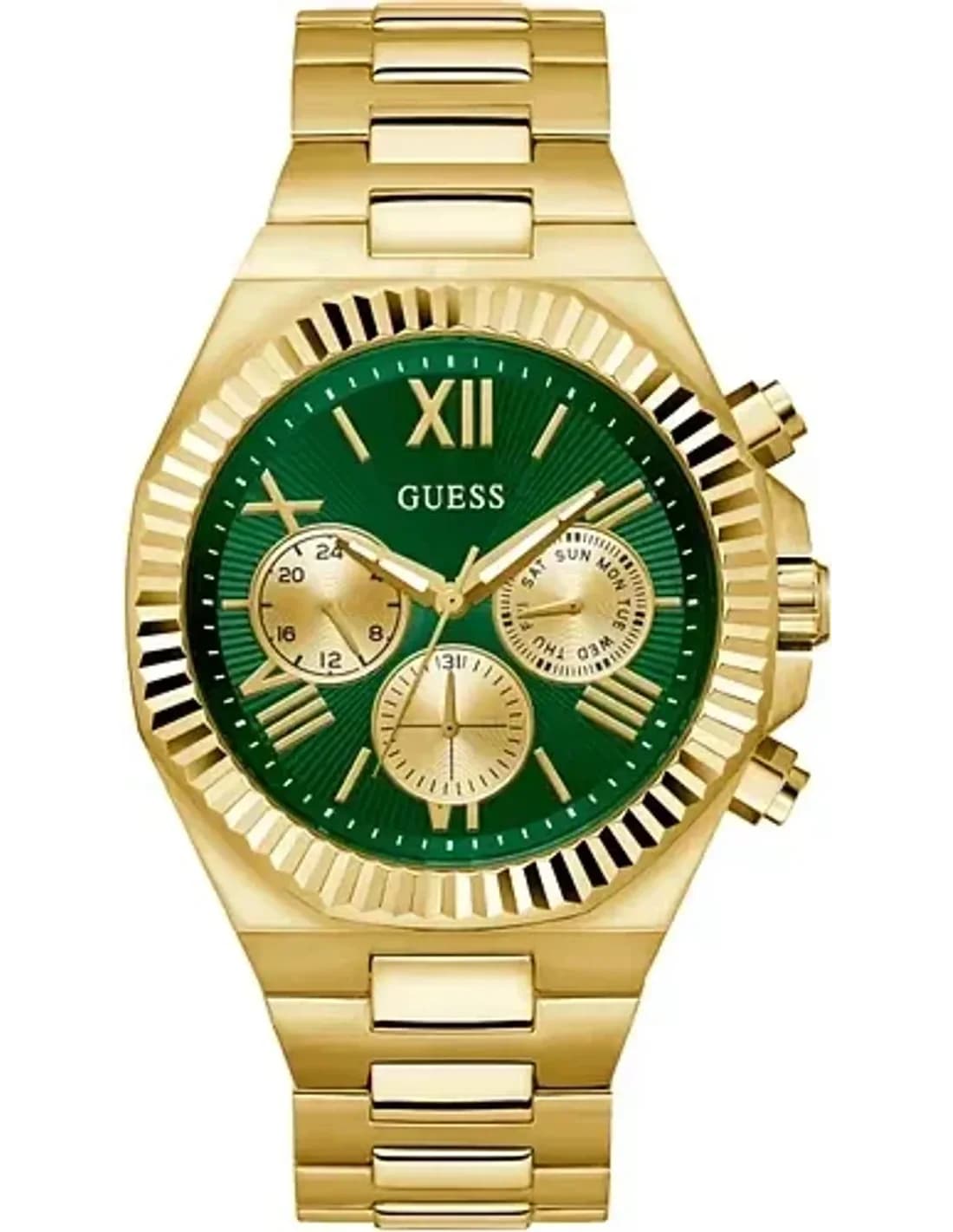 Guess Equity GW0703G2, montre homme acier doré cadran vert, présence affirmée
