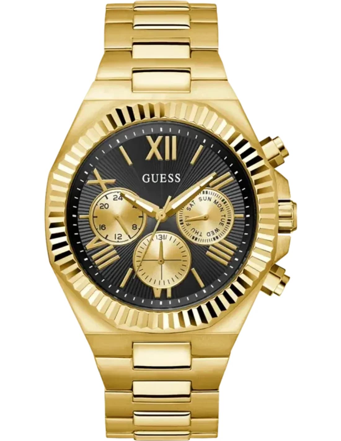 Guess GW0703G5 montre homme, cadran noir multifonctions sur acier doré