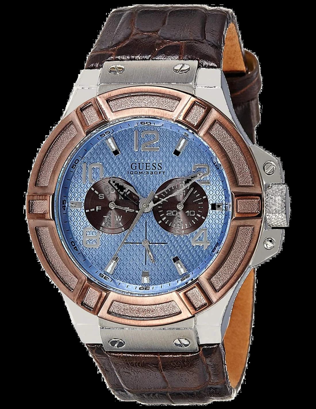 Guess W0040G10 montre homme, cadran bleu et bracelet cuir marron