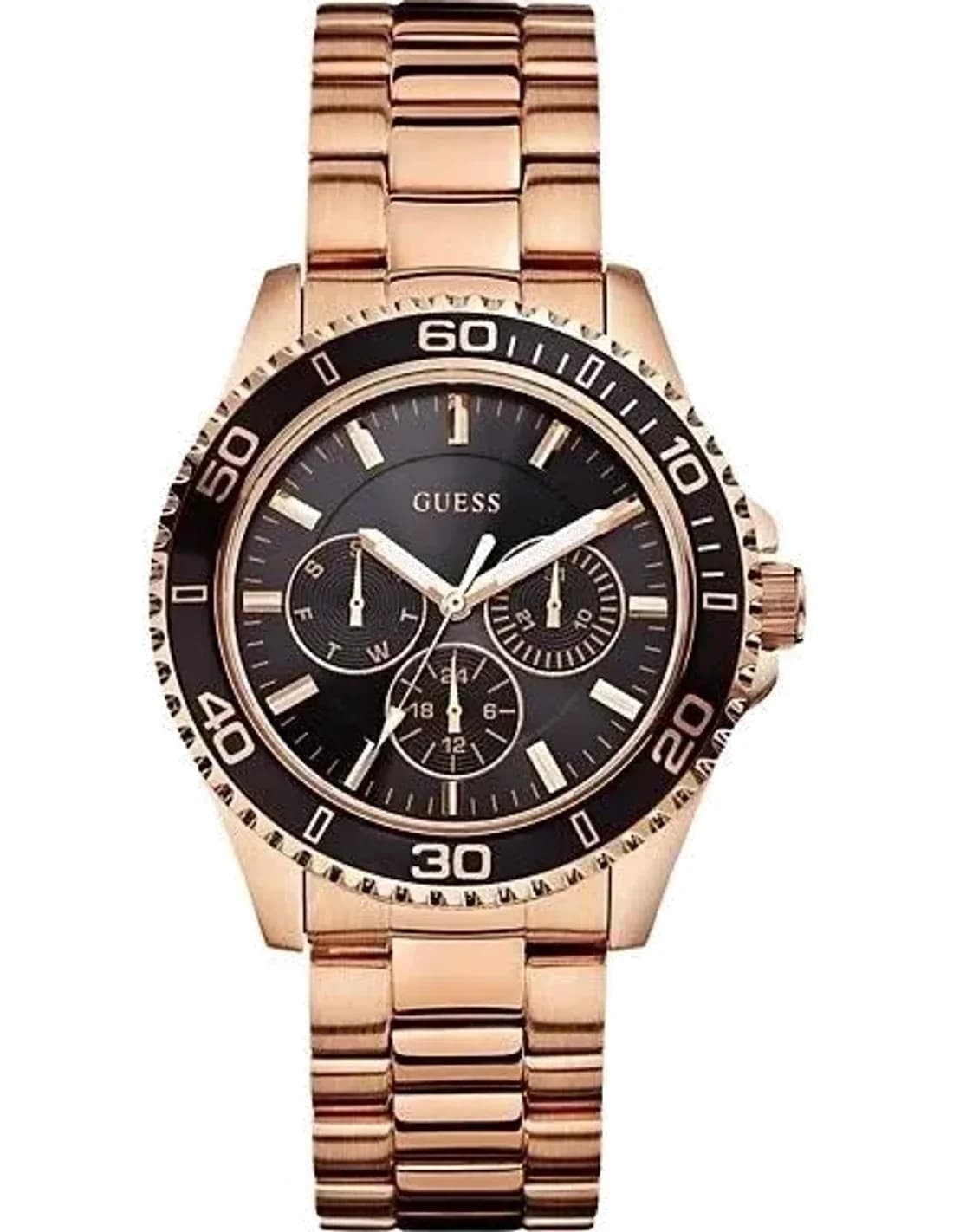 Guess W0231L7 montre femme, noir, acier or rose multifonction