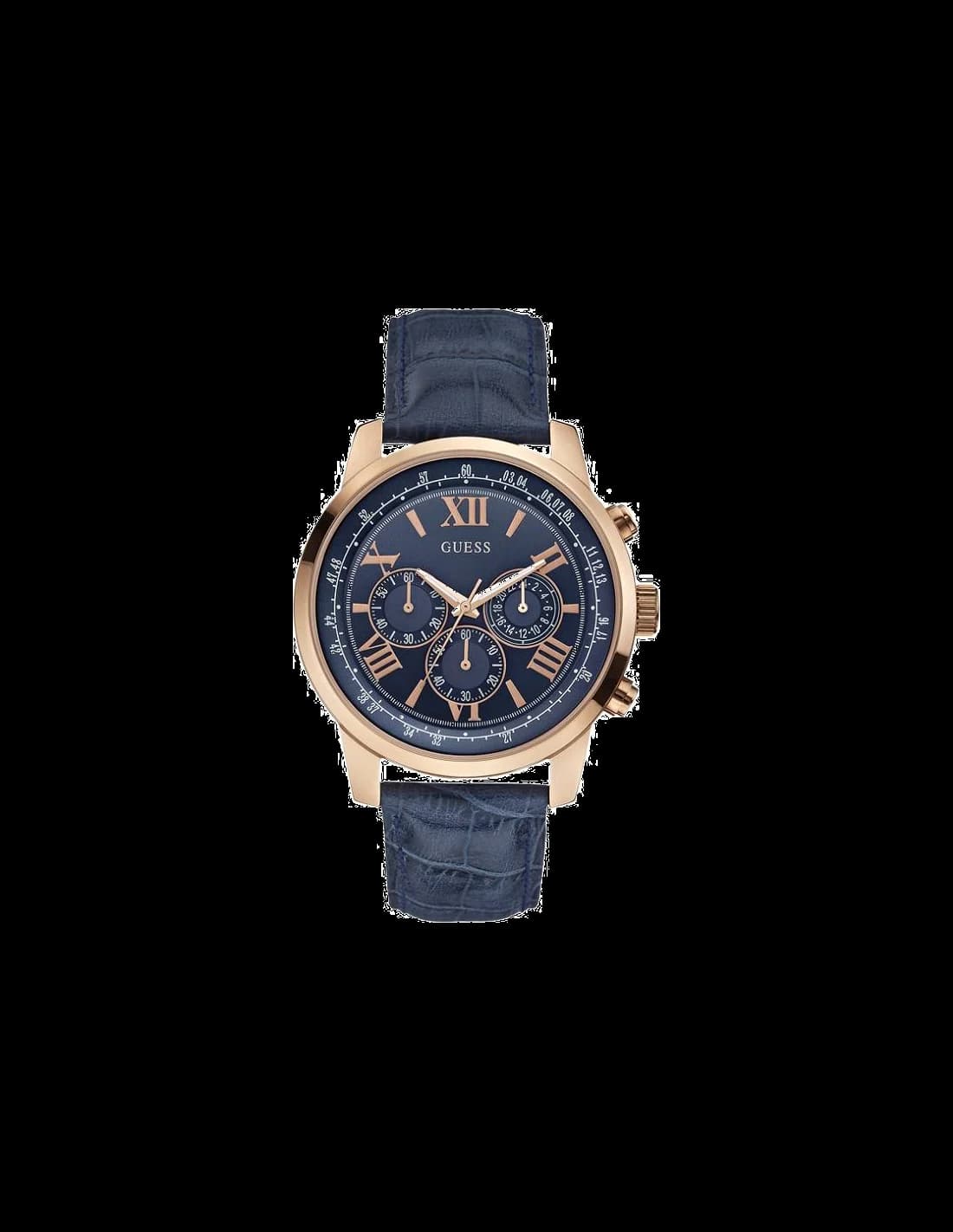Guess W0380G5 montre homme, cadran bleu sur bracelet cuir bleu avec acier or rose