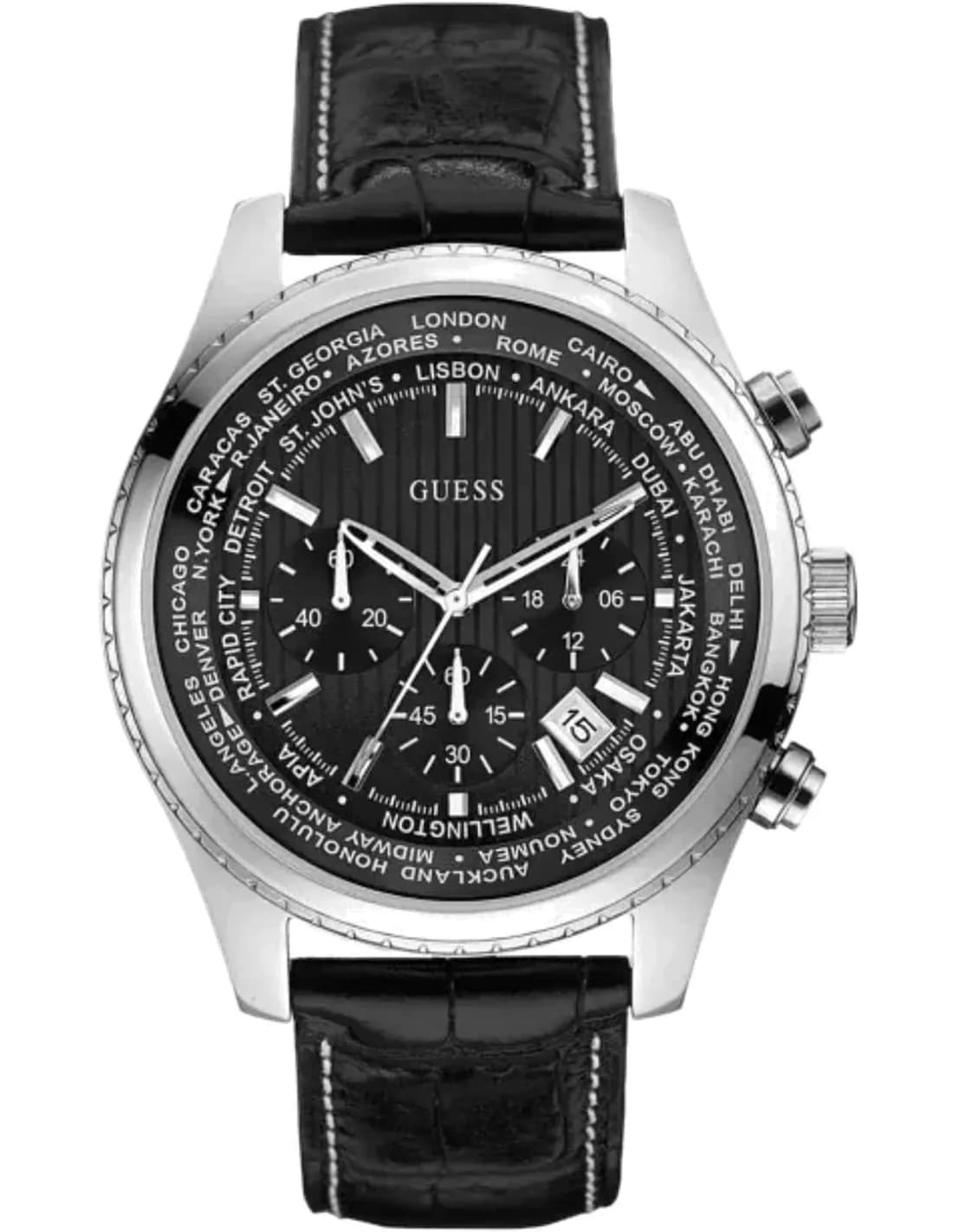 Montre Homme Guess W0500G2 bracelet cuir noir cadran noir multi-fonction