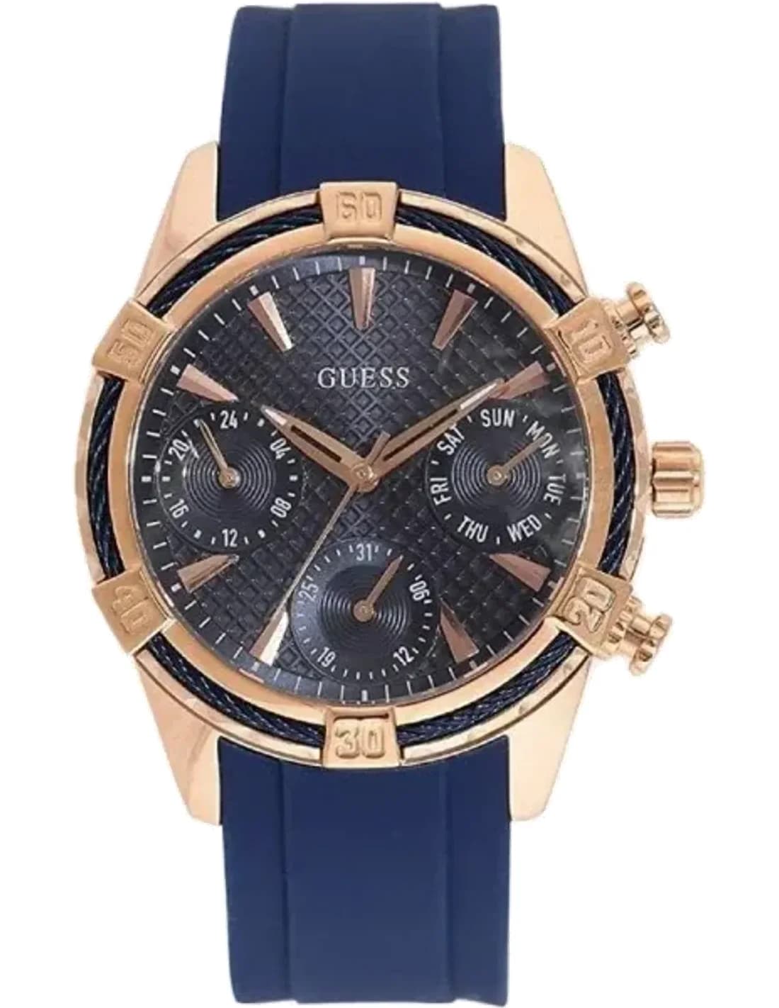 Guess W0562L3 montre femme, cadran bleu, bracelet silicone bleu, lunette or rose