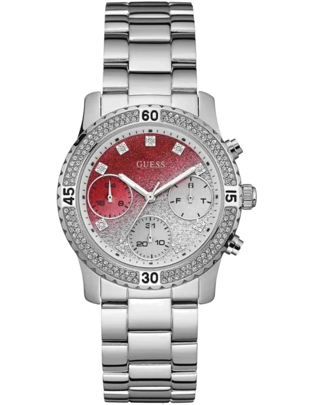 Guess W0774L7 montre femme, cadran rouge, lunette sertie strass