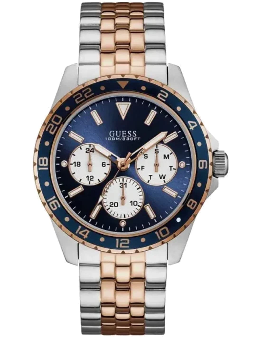 Guess W1107G3 montre homme, cadran bleu, bracelet bicolore or rosé et argent