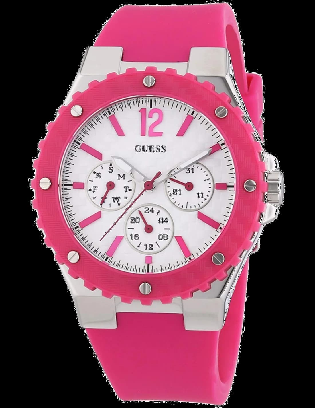 Guess W90084L2 montre femme, cadran blanc, bracelet fuschia résine
