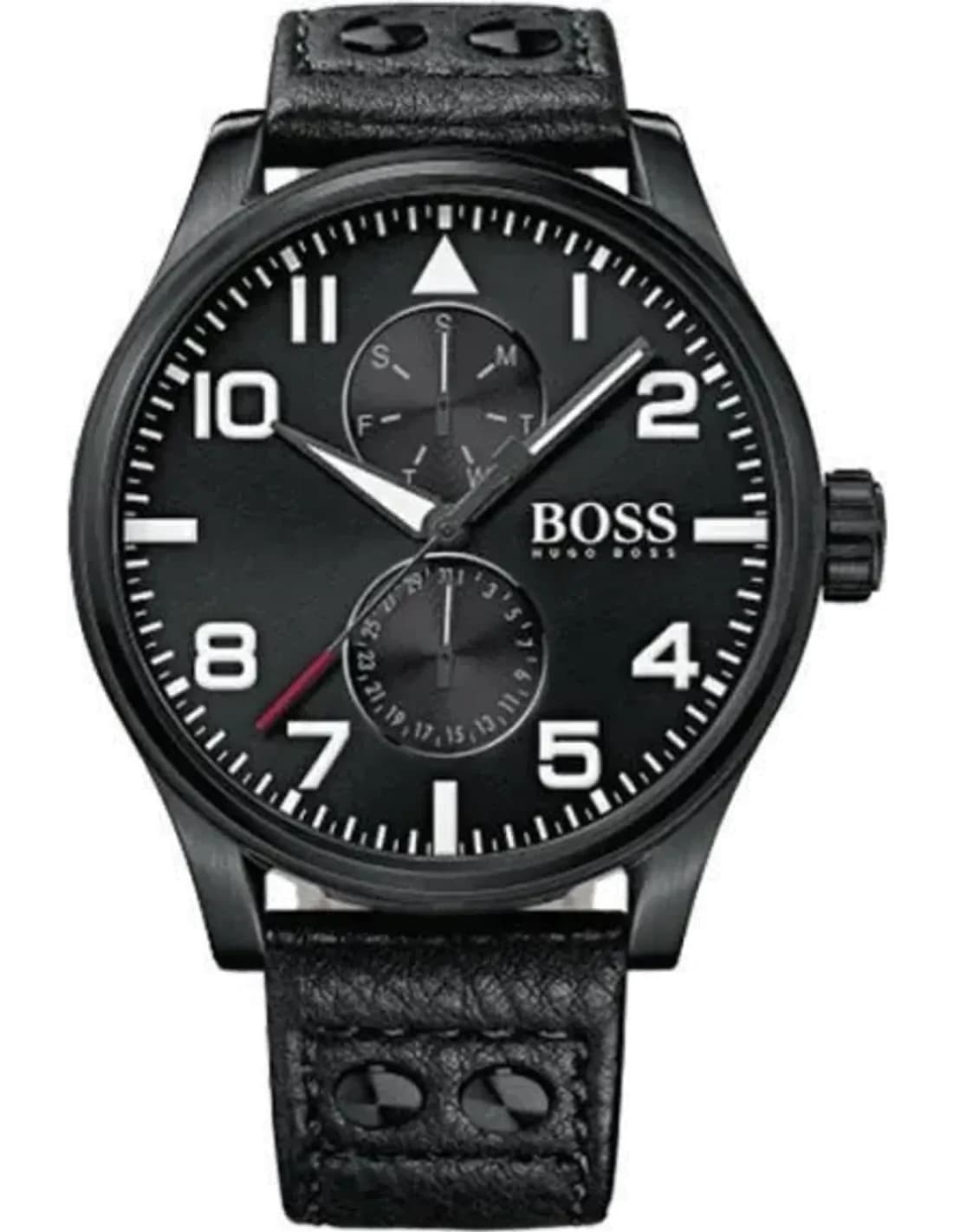 Hugo Boss 1513083 montre homme, cadran noir sur boîtier noir, bracelet cuir