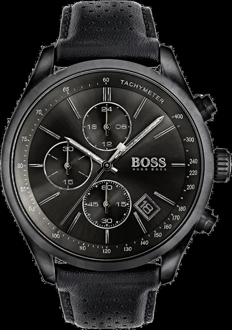 Hugo Boss 1513474 montre homme, chronomètre cuir noir surpiqué, cadran noir