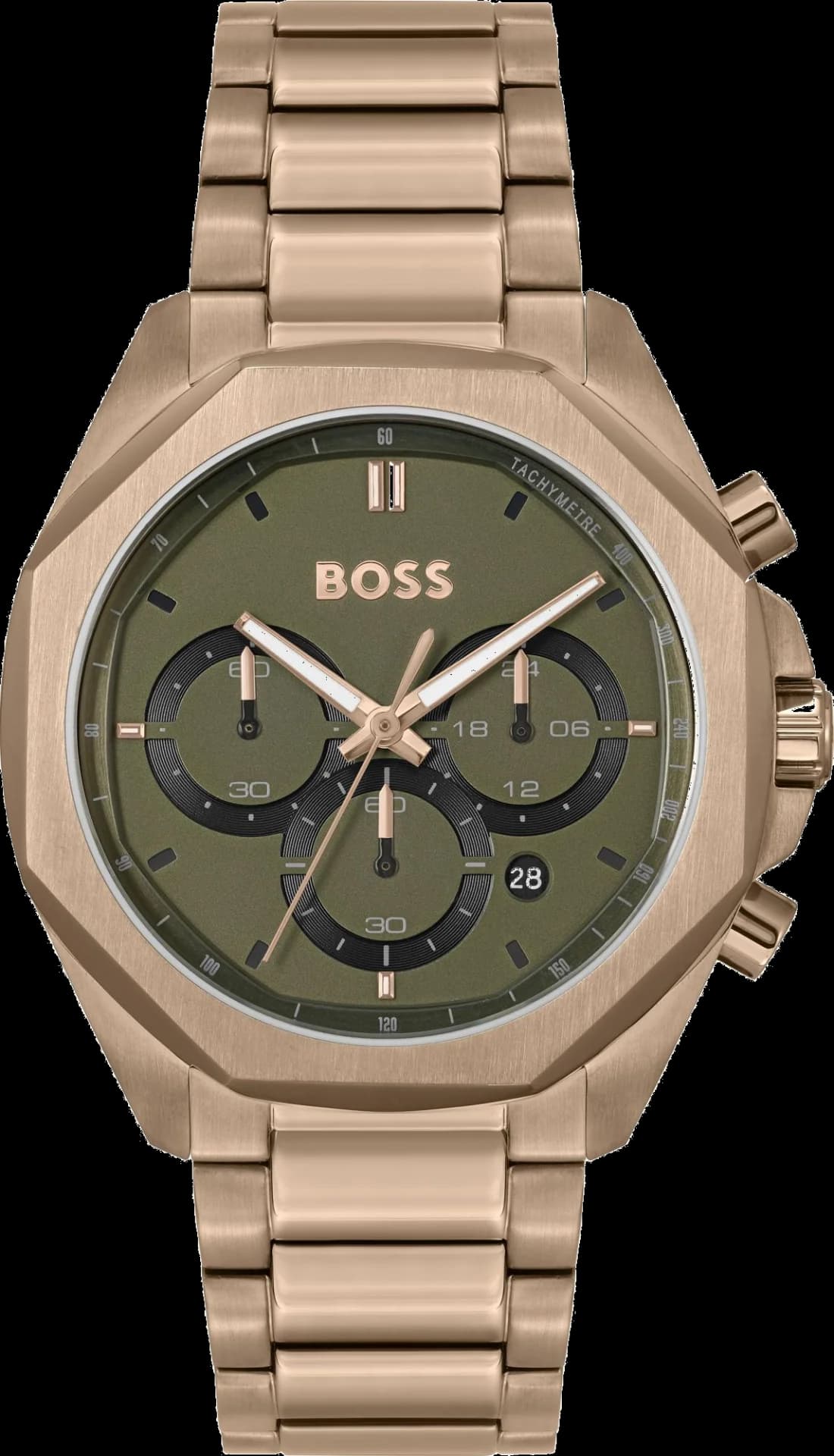 Hugo Boss 1514019 montre homme, au cadran vert olive et bracelet acier doré rose
