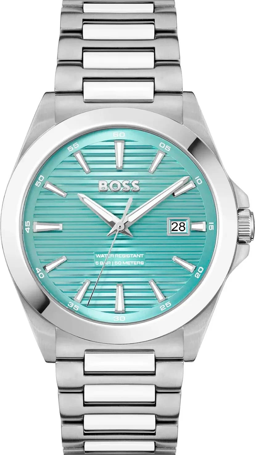 Hugo Boss 1514171 montre homme, cadran turquoise, bracelet acier argenté