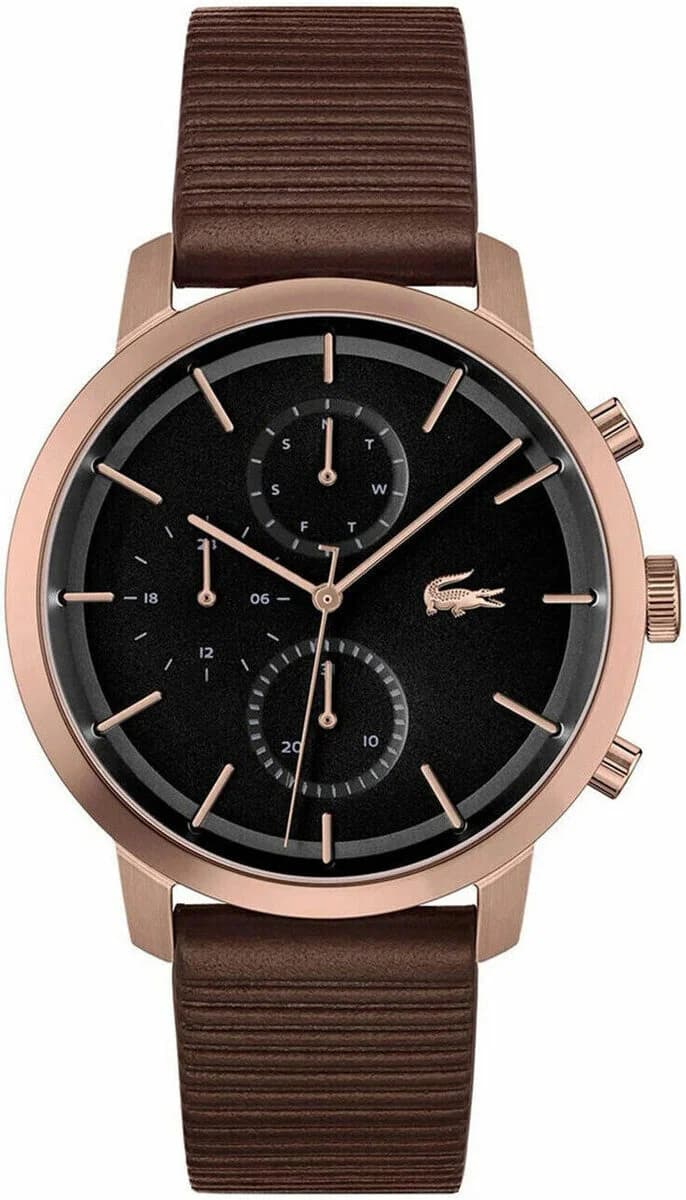 Lacoste 2011257 montre homme, noir multifonctions sur bracelet cuir marron
