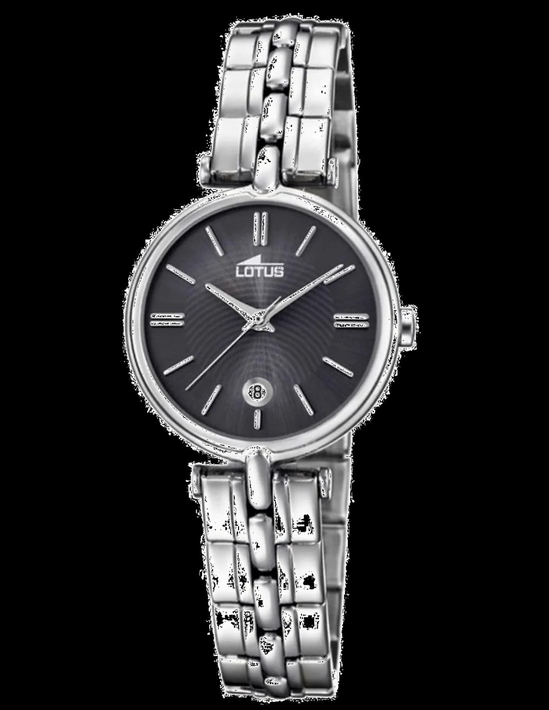 Lotus L18456/2 montre femme, boîtier argent et cadran noir sur bracelet acier