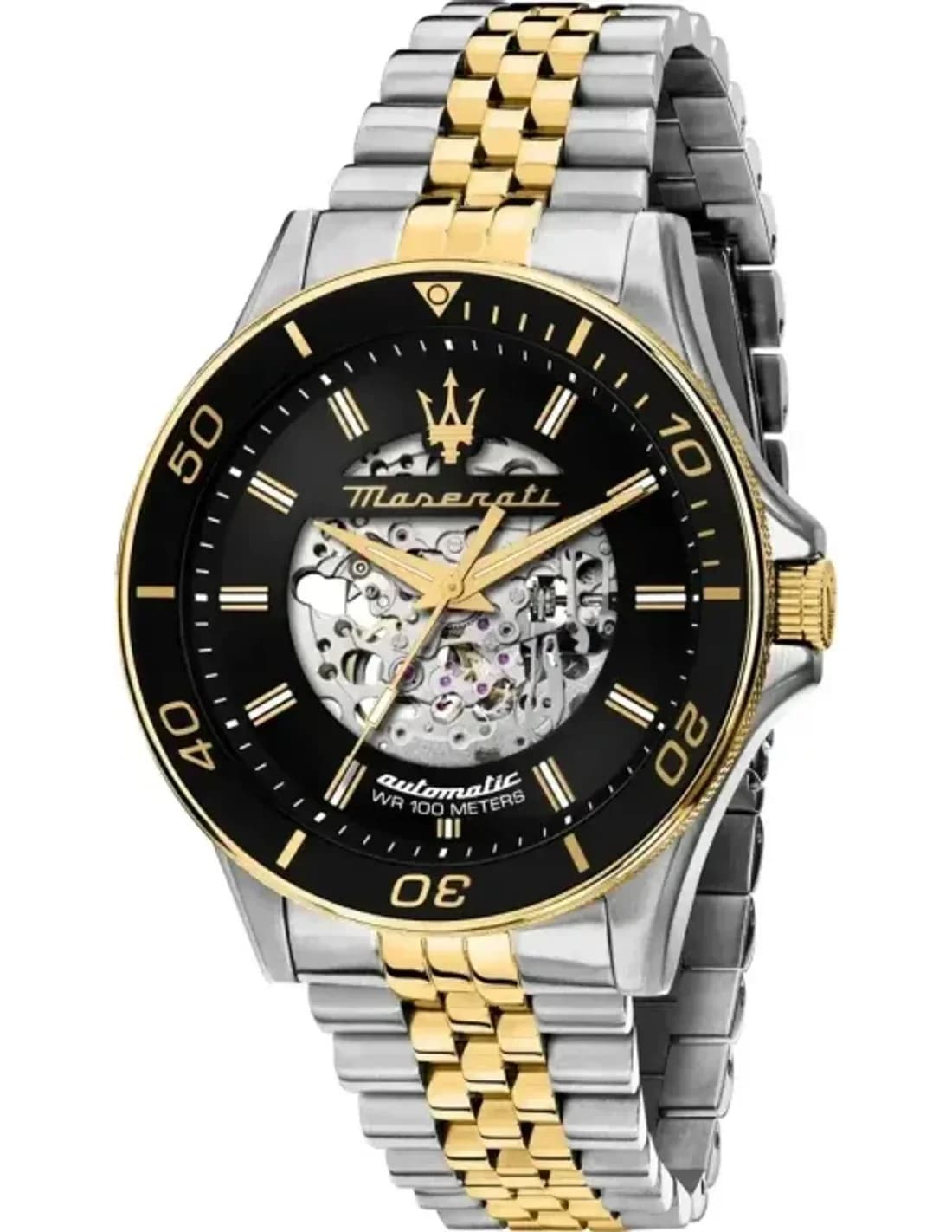 Maserati R8823140010 montre homme, cadran squelette noir, bracelet acier bicolore