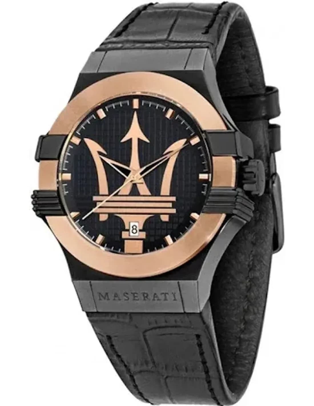 Maserati R8851108032 montre homme, cadran noir, bracelet cuir noir et or rose