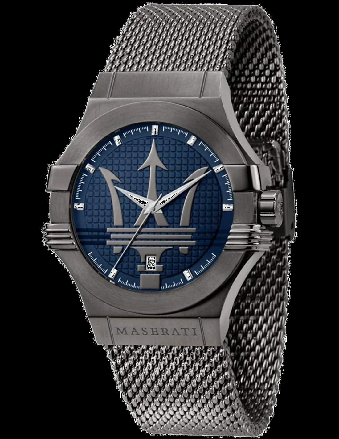 Maserati R8853108005 montre homme, maille milanaise grise, cadran bleu, style raffiné
