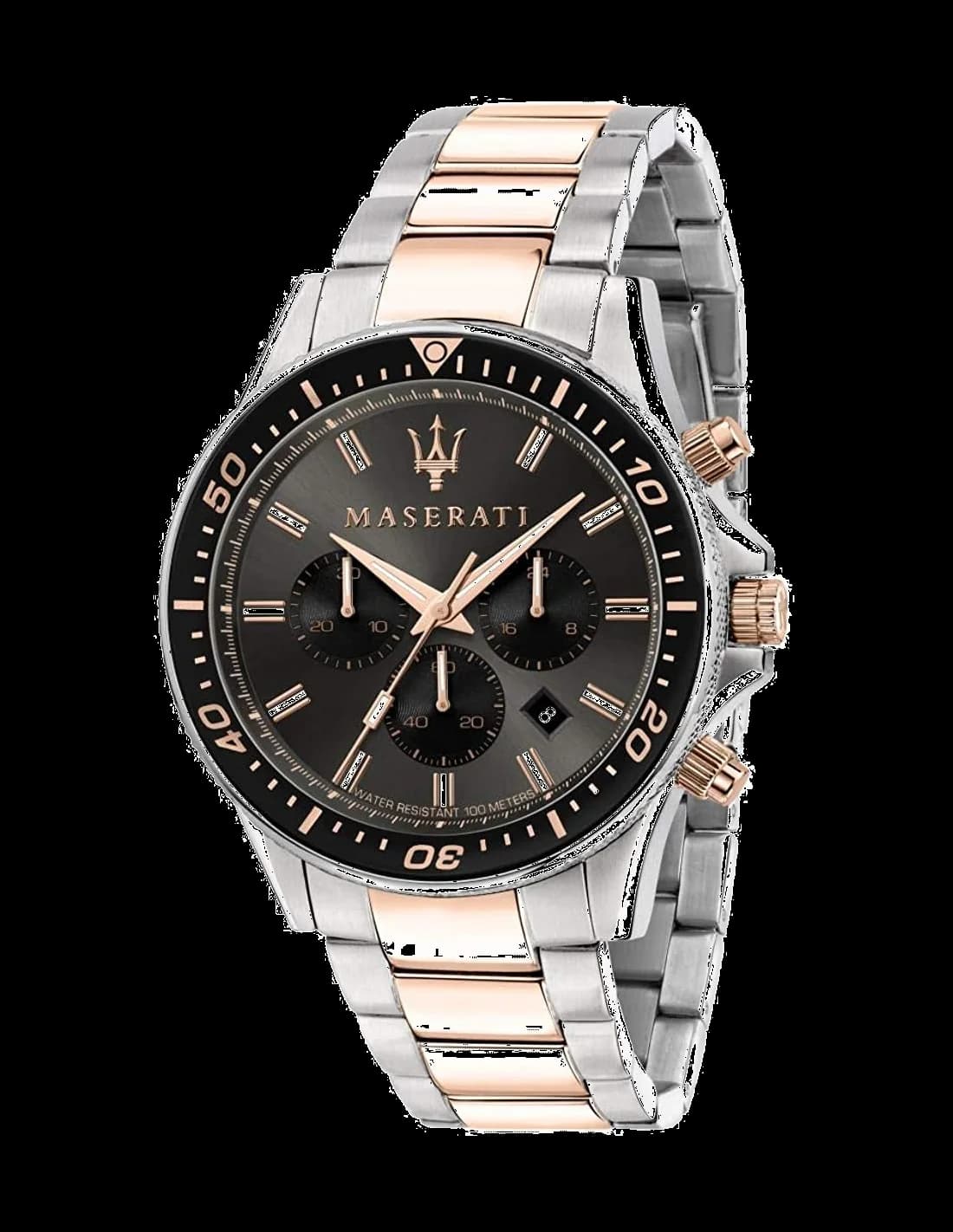 Maserati R8873640002 montre homme, cadran noir, détails or rose acier