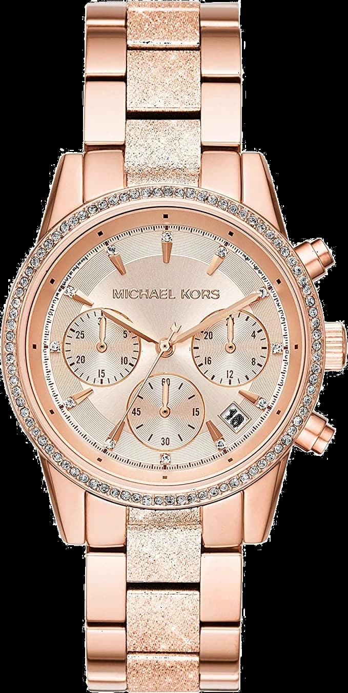 Michael Kors MK6598 montre femme, cadran or rose, bracelet acier poudre cristaux