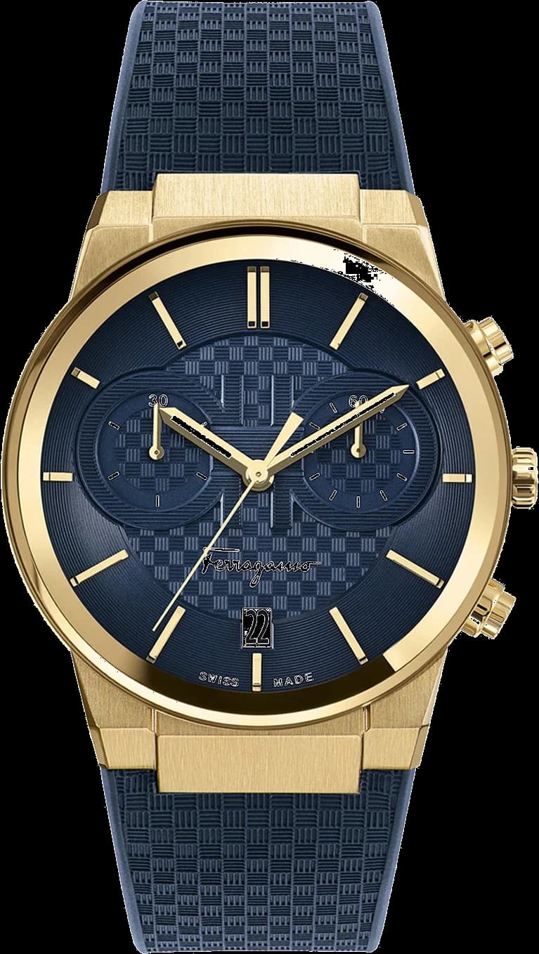 Salvatore Ferragamo SFME00221 montre homme, chronographe bleu et or sur silicone