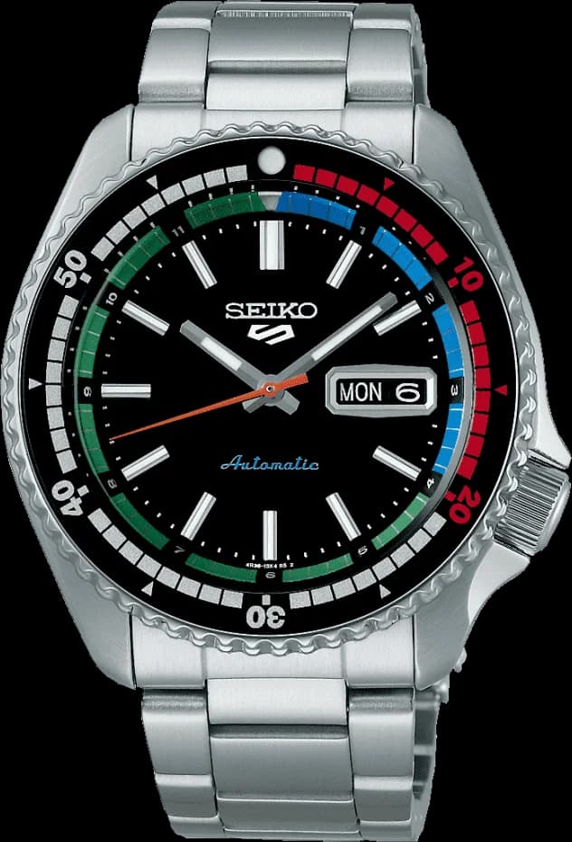 Seiko SRPK13K1 montre homme, cadran noir lunette multicolore acier