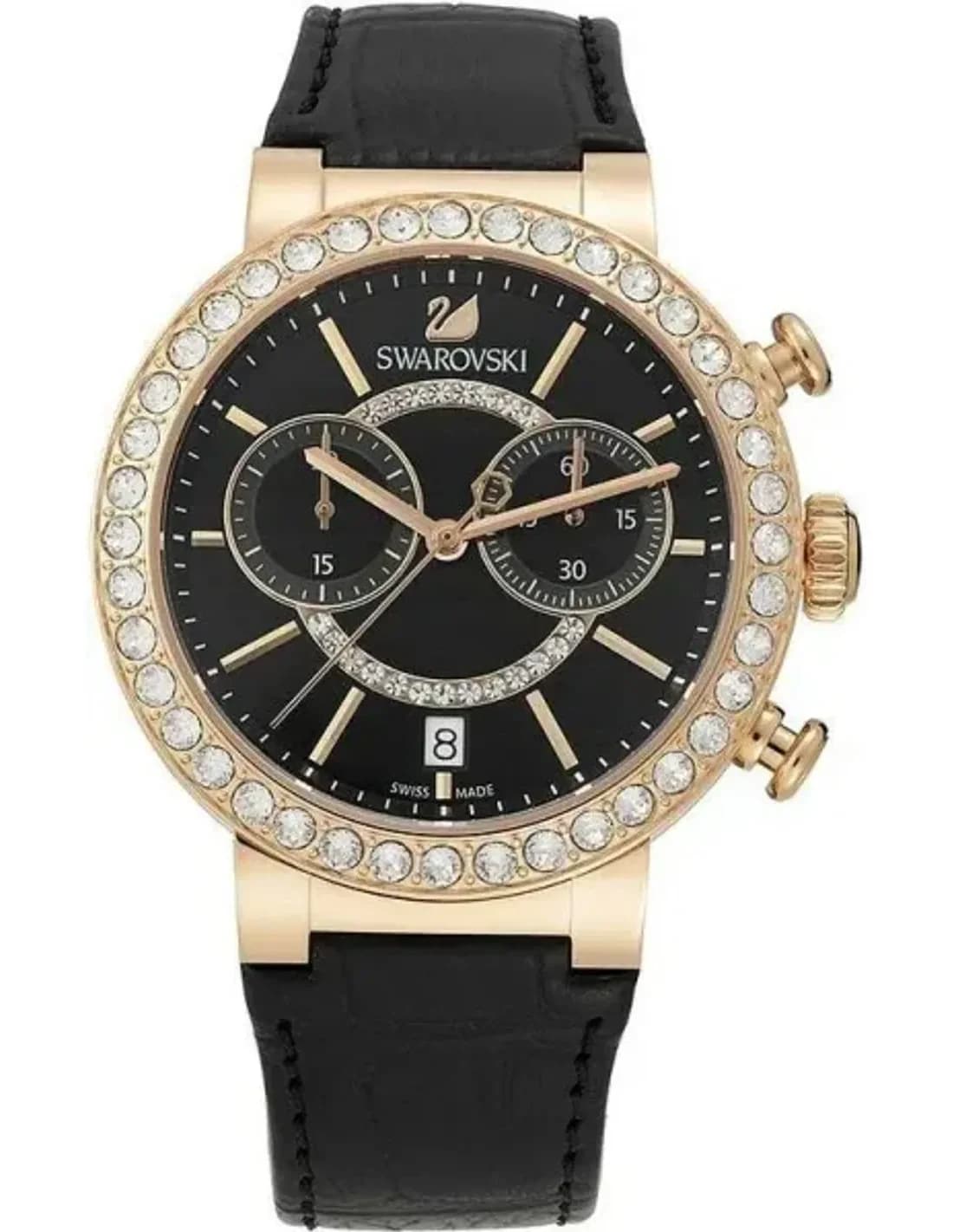 Swarovski 5055209 montre femme, cadran noir sur bracelet cuir noir