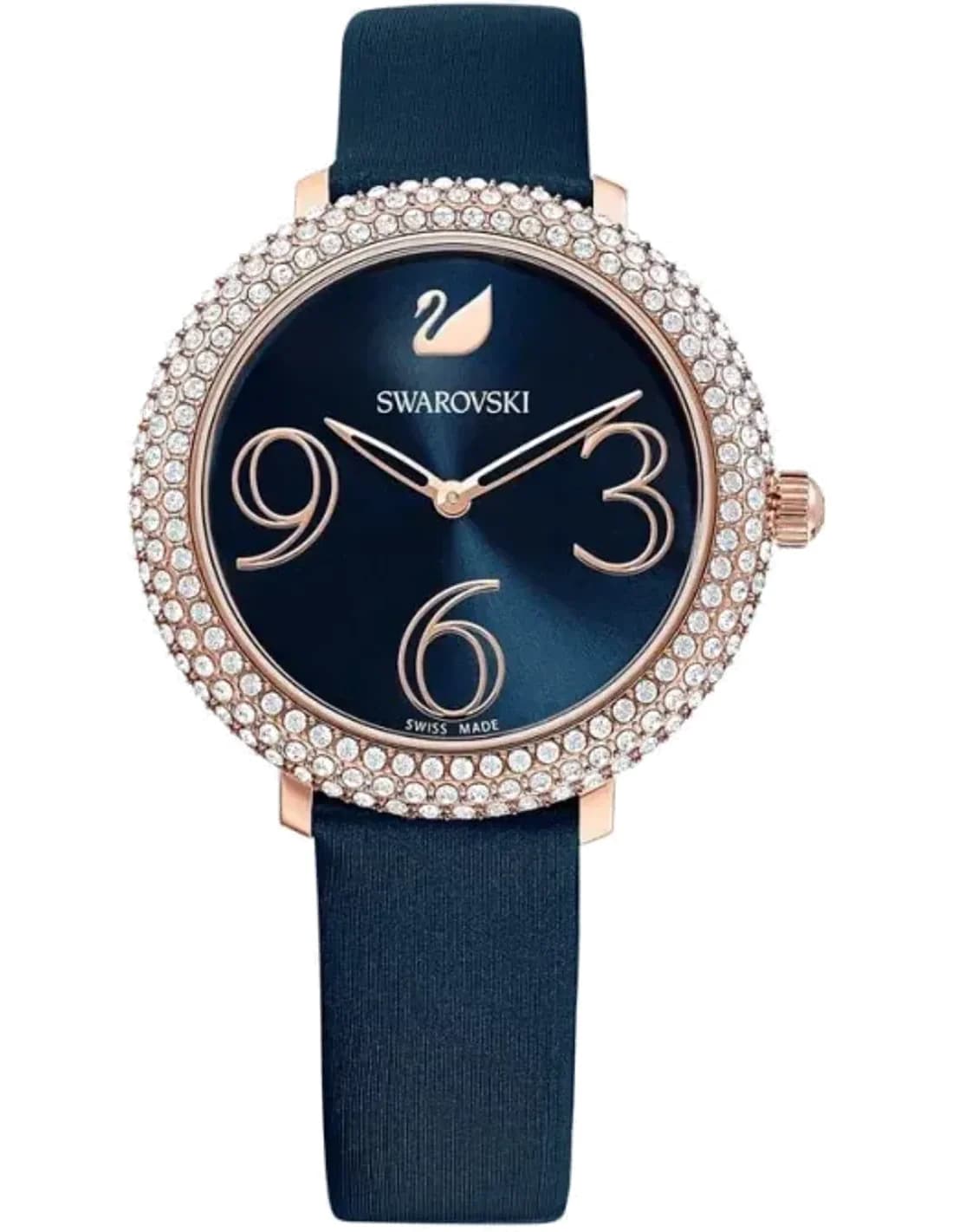 Swarovski 5484061 montre femme, bracelet cuir satiné bleu nuit avec cristaux