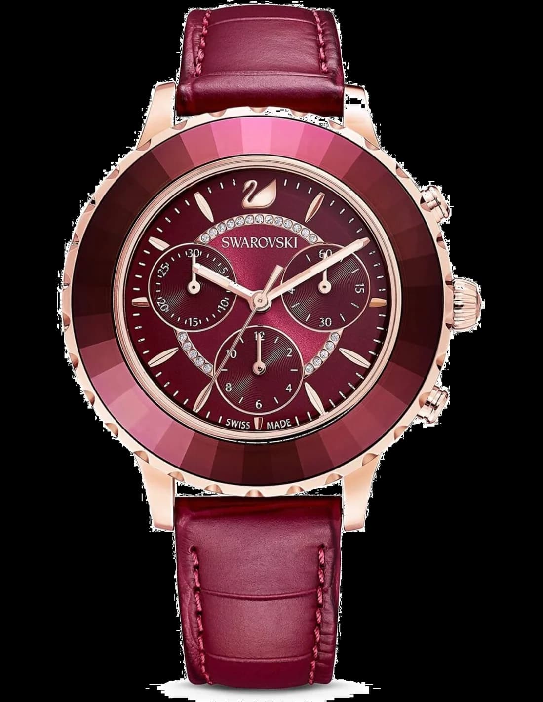 Swarovski 5547642 montre femme, cadran rouge, bracelet cuir rouge chrono