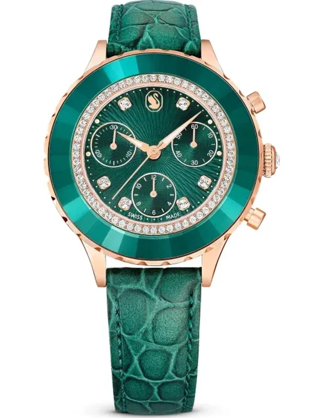 Swarovski Octea Lux Chrono watch 5672931 green leather strap with rose gold finish