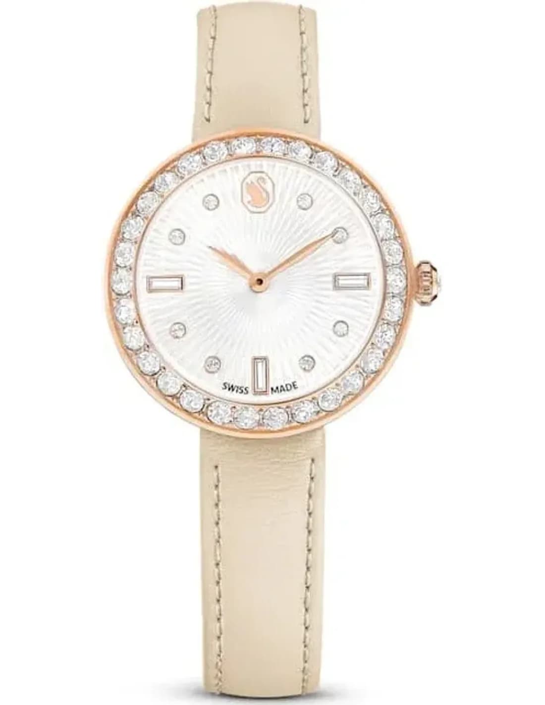 Swarovski 5672968 montre femme, cuir beige et cadran guilloché blanc