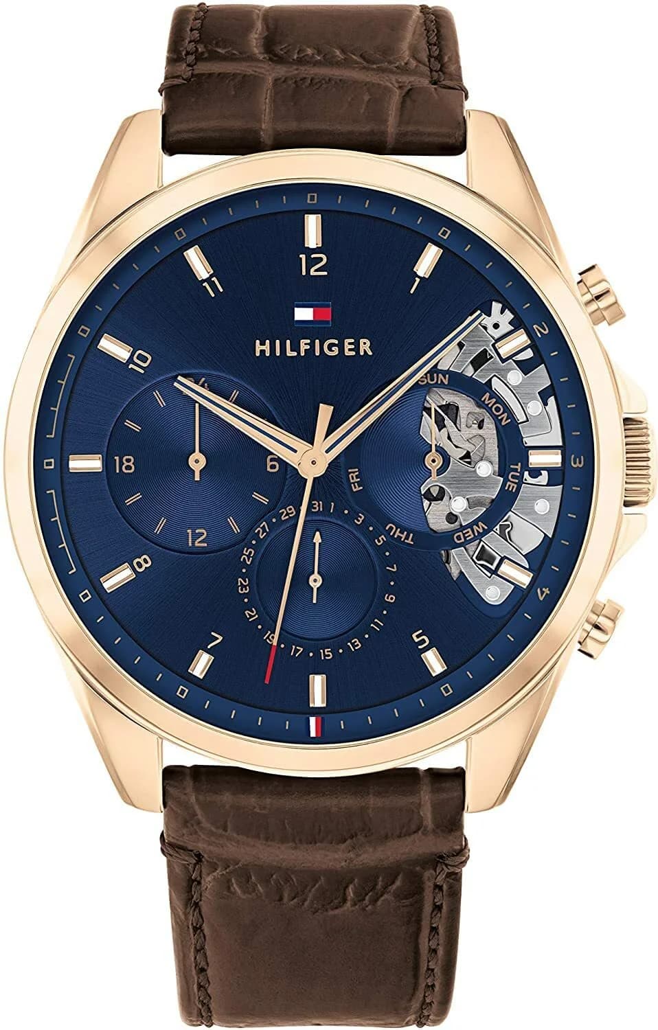 Tommy Hilfiger 1710453 montre homme, squelette bleu sur cuir marron