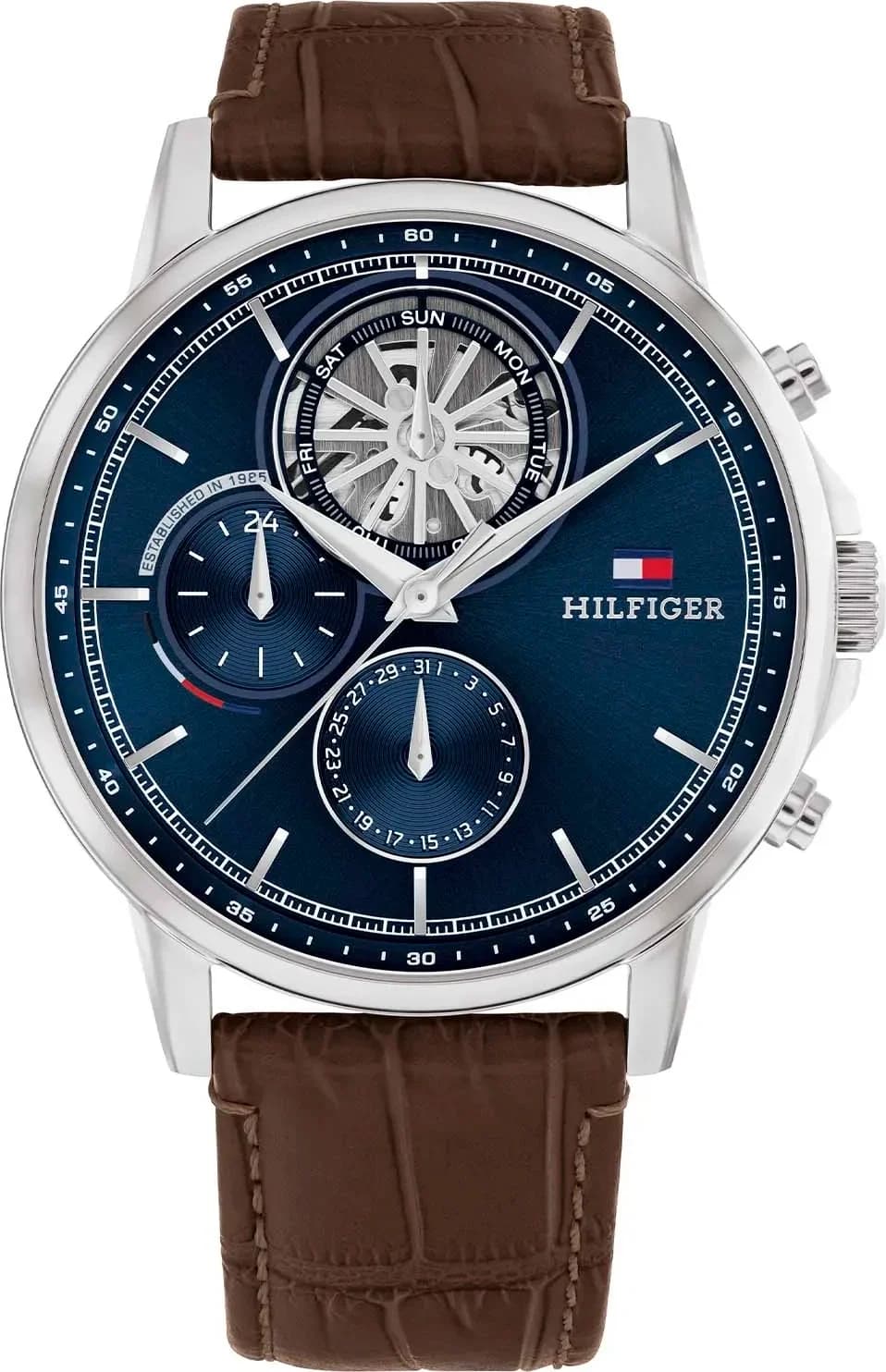 Tommy Hilfiger 1710629 montre homme, cadran bleu multifonctions, bracelet cuir marron