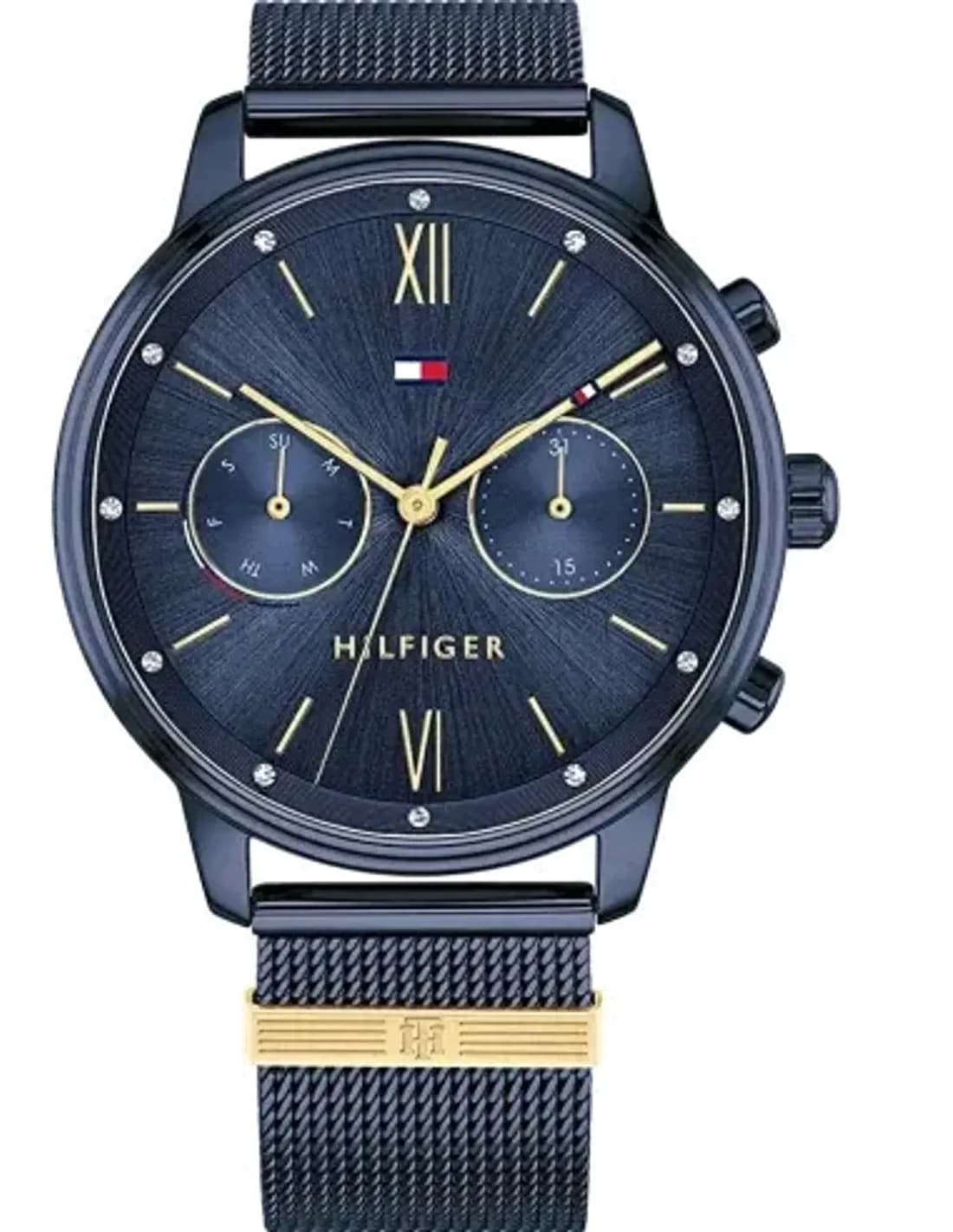 Shows Tommy Hilfiger 1782305 blue milanese maille milanaise and anthracite case.