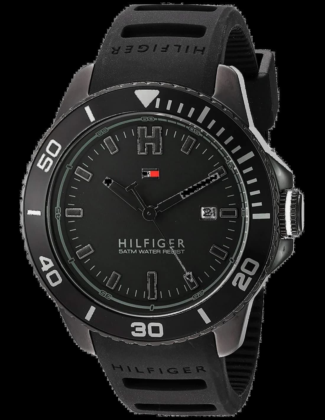 Tommy Hilfiger 1791265 montre homme, boîtier finition satinée, cadran noir, bracelet silicone