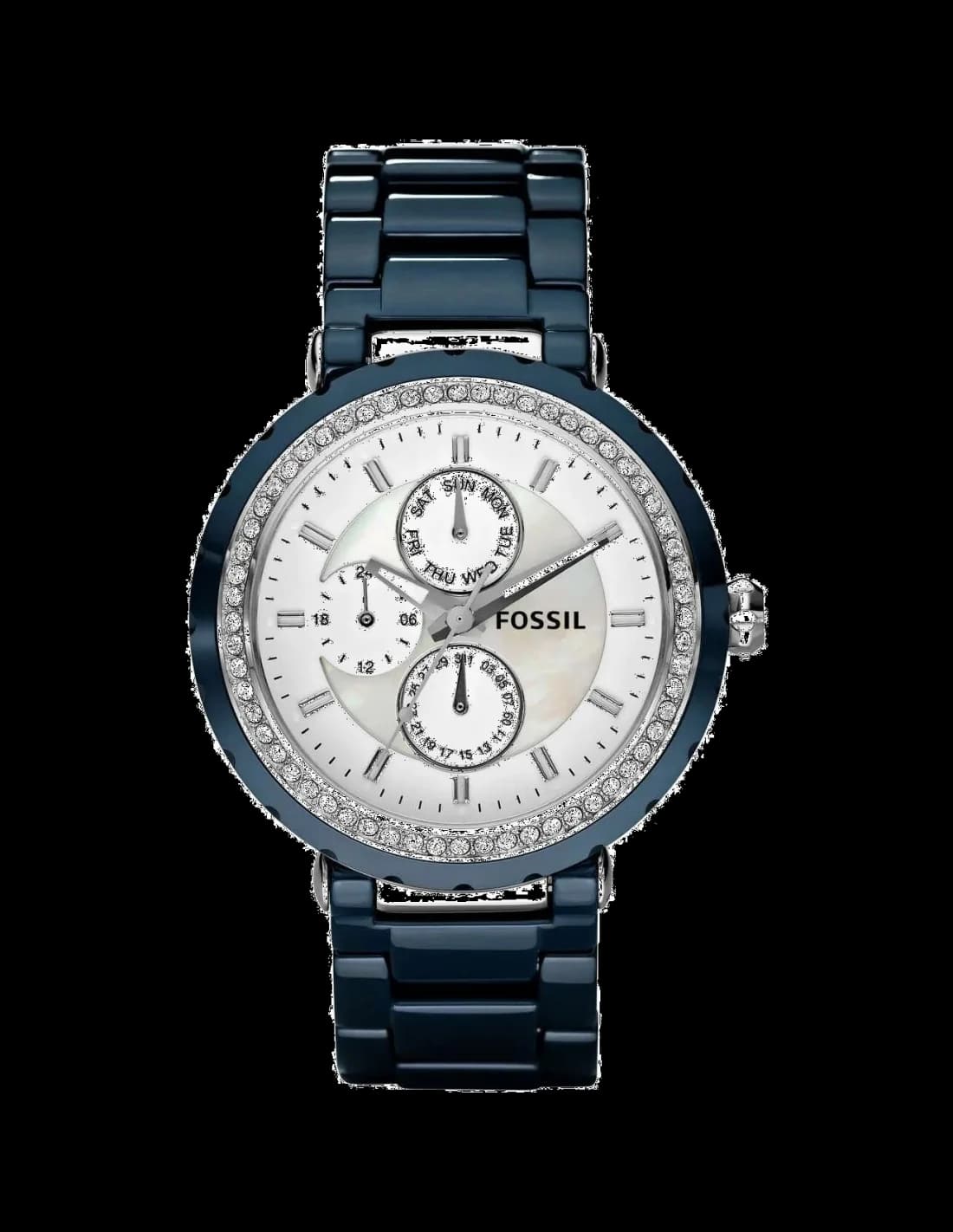 Montre Femme Fossil CE1047 en céramique bleue et acier brillant