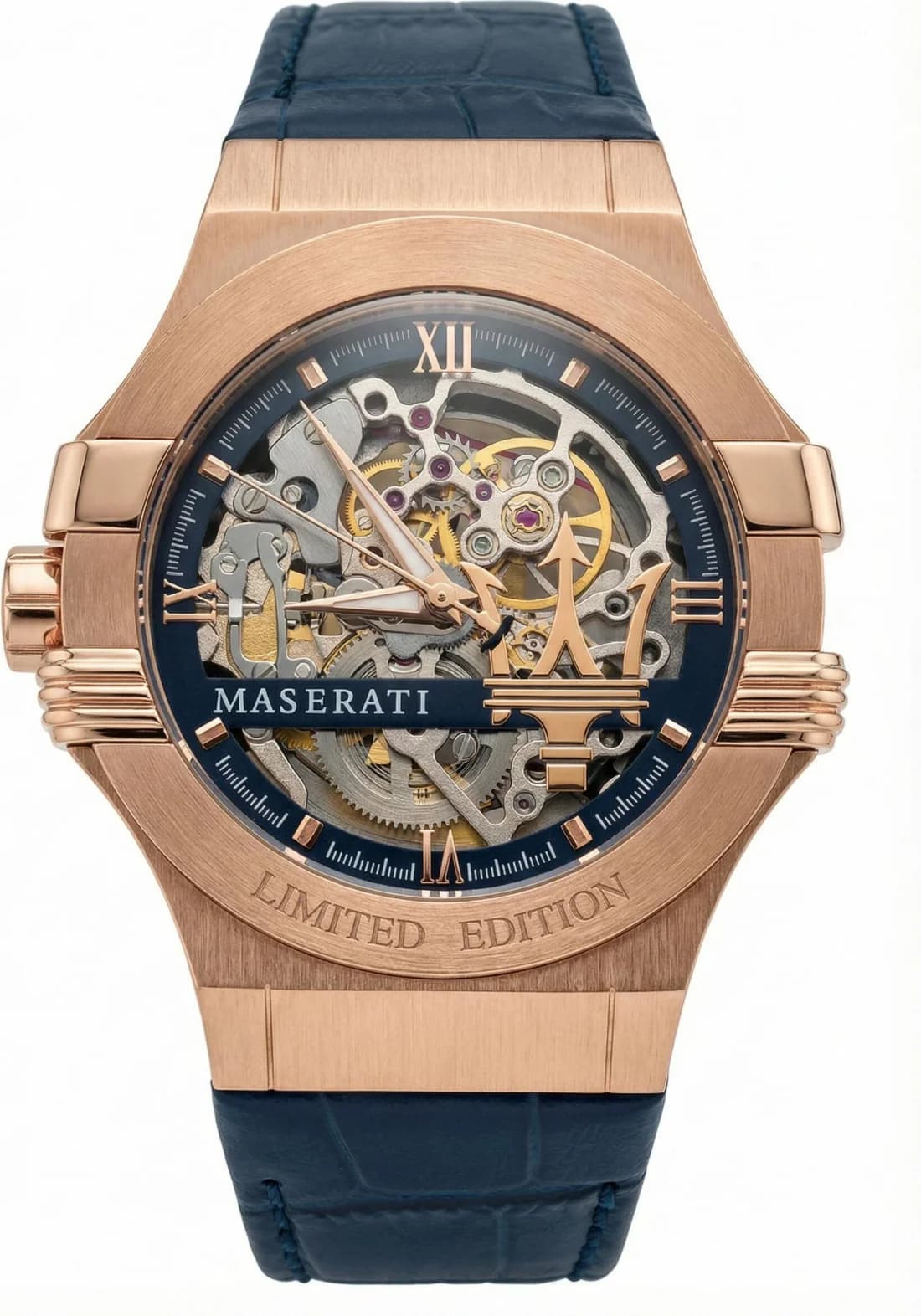 Montre Maserati R8821108022 Automatique Squelette Or Rose et Cuir Bleu