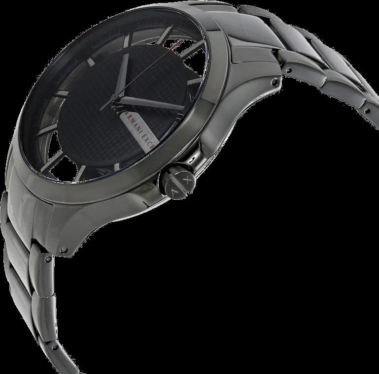 Gros plan sur le cadran noir de la Armani Exchange AX2189