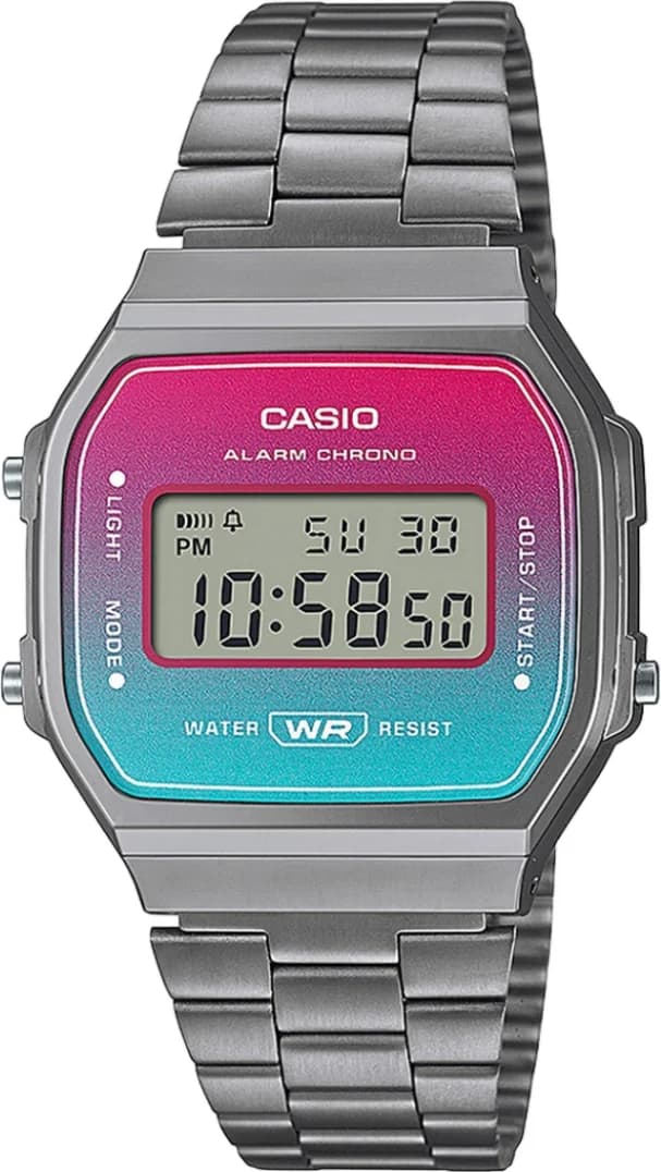 Casio A168WERB-2AEF vue de côté, bracelet acier