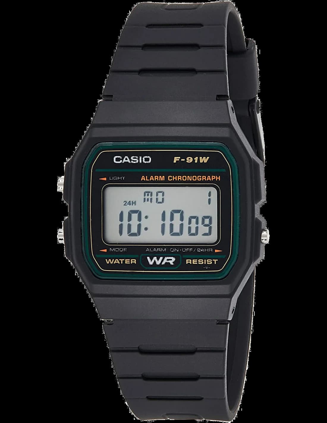 Casio F-91W-3SDG vue de côté, bracelet silicone