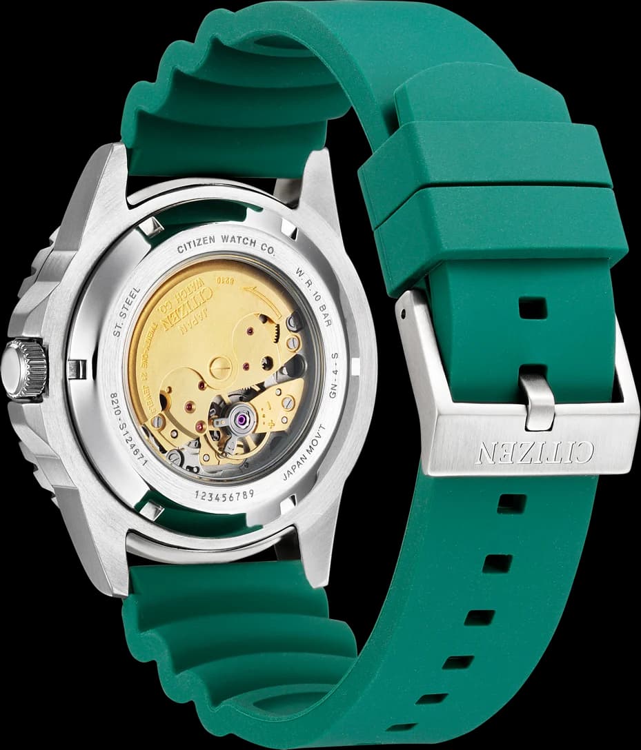 Gros plan sur le cadran vert de la Citizen NJ0129-10X